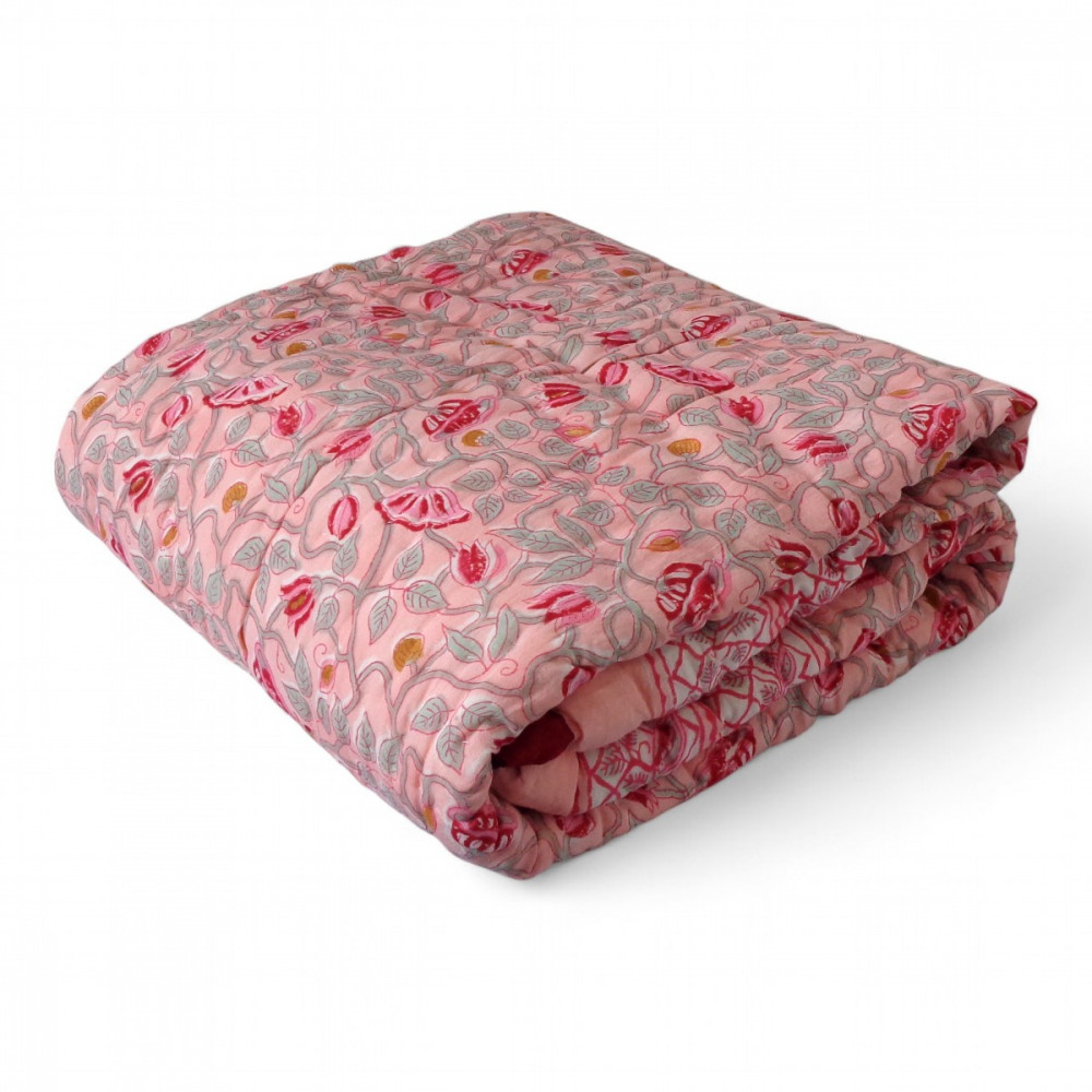 Image of Hand Block Printed Baby Quilt – 100x140 cm Jaipur Razai| Waterlily Pink Gud 906174