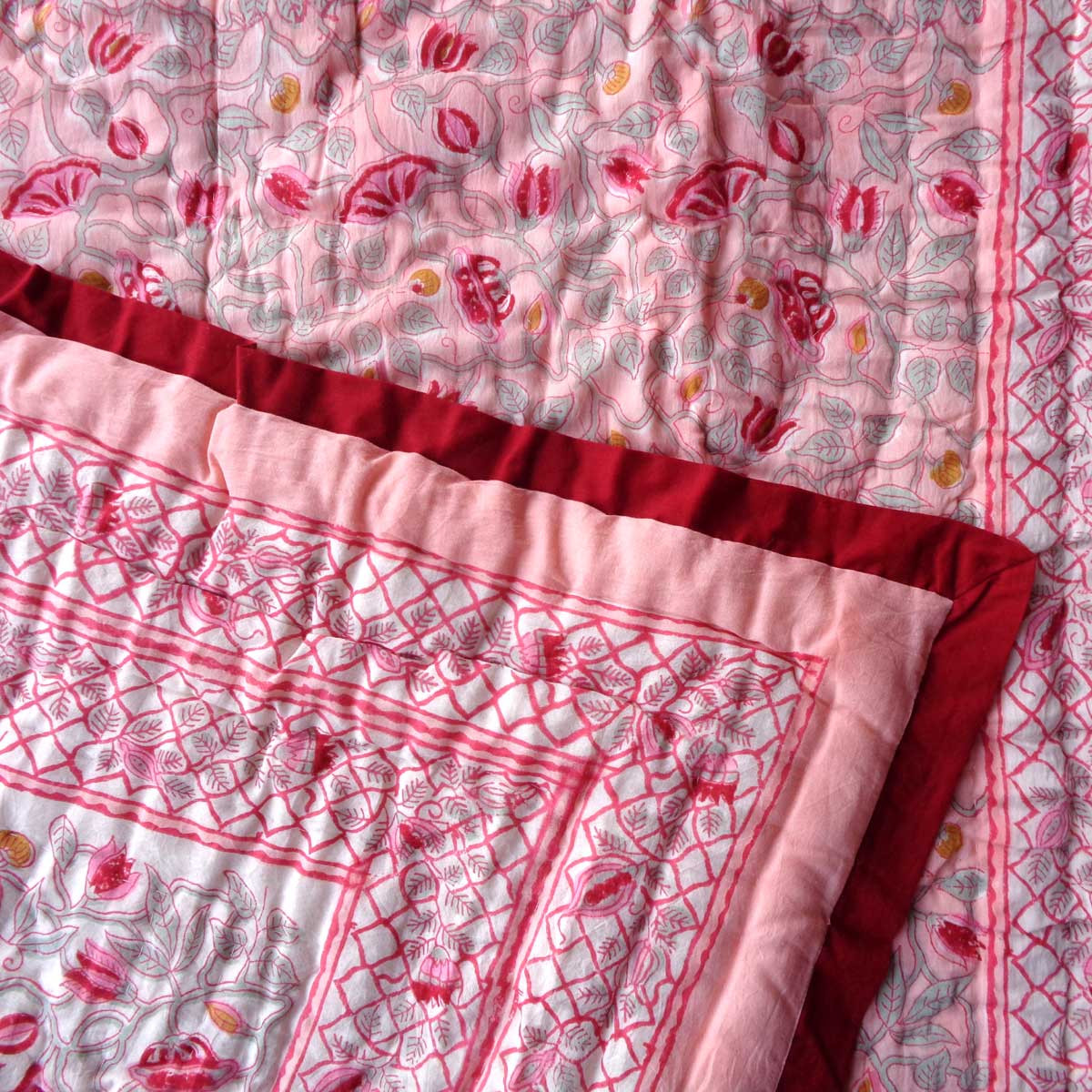 Hand Block Printed Baby Quilt 100x140 cm Jaipur Razai Waterlily Pink Gud 906174