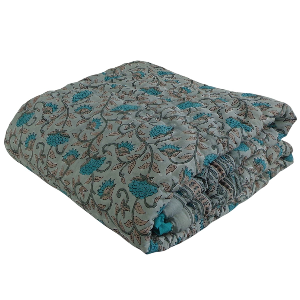 Hand Block Printed Baby Quilt Jaipur Razai Blue Flower Gud 801419