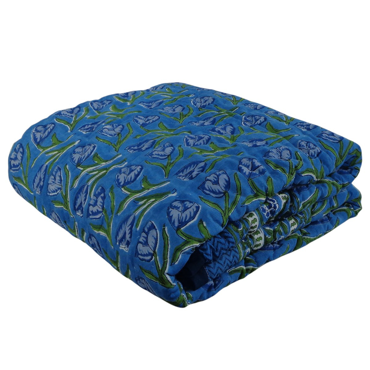 Hand Block Printed Baby Quilt Jaipur Razai  Blue Tulip 601675