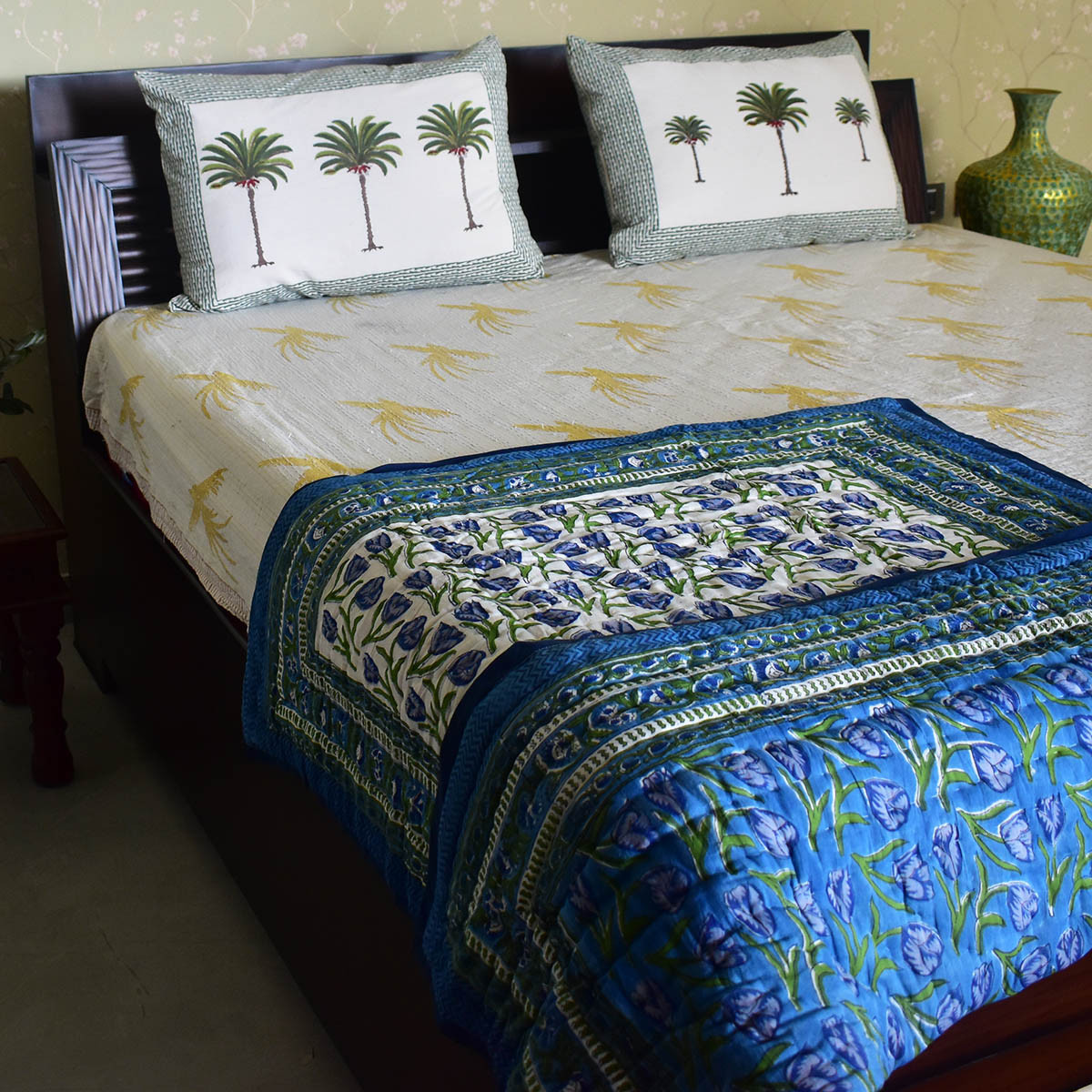 Hand Block Printed Baby Quilt Jaipur Razai Blue Tulip 601675