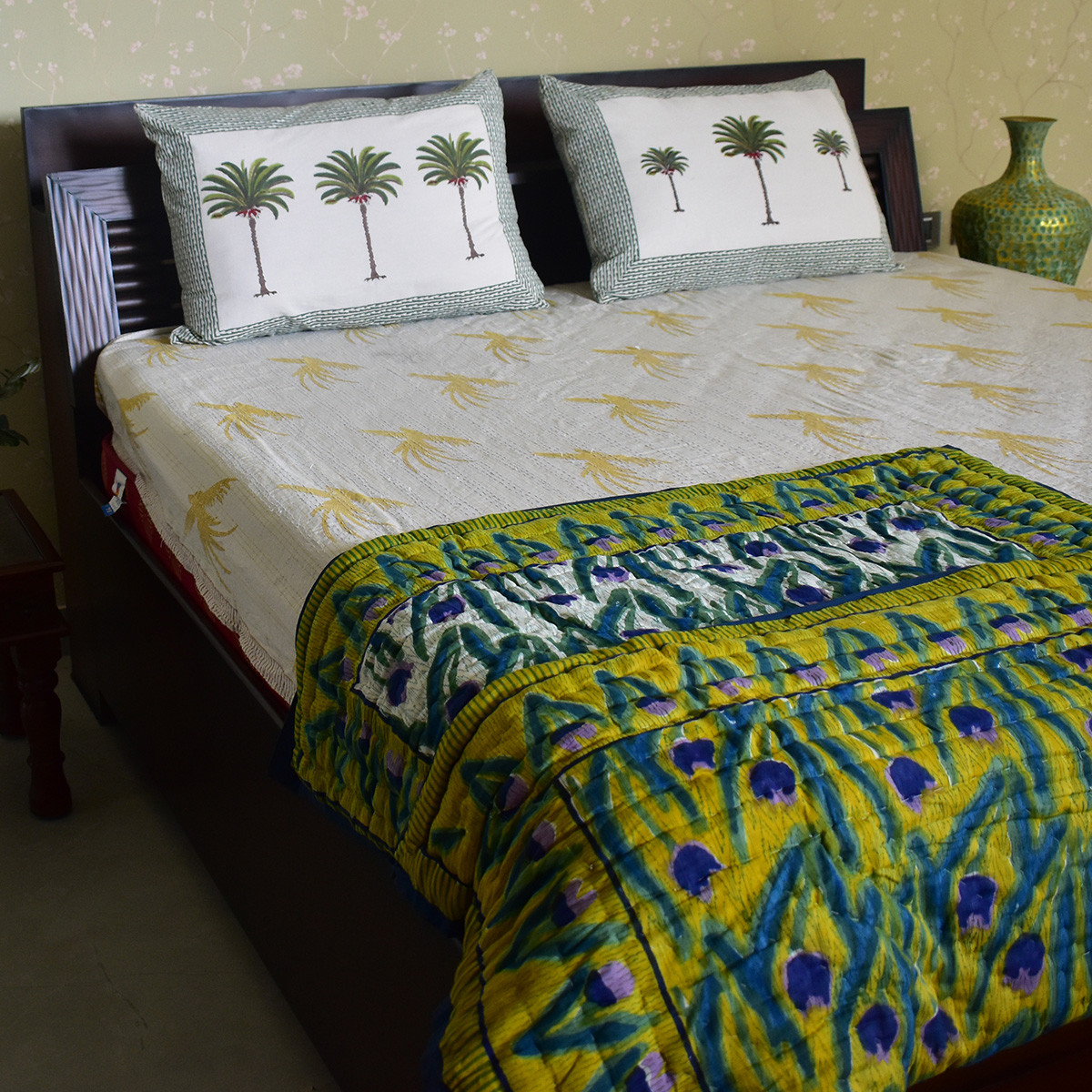 Hand Block Printed Baby Quilt Jaipur Razai Lambi Patti Tulip Lime 601671