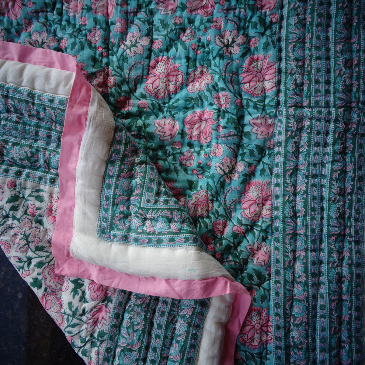 Hand Block Printed Baby Quilt Jaipur Razai Mohini Green Gud 620605