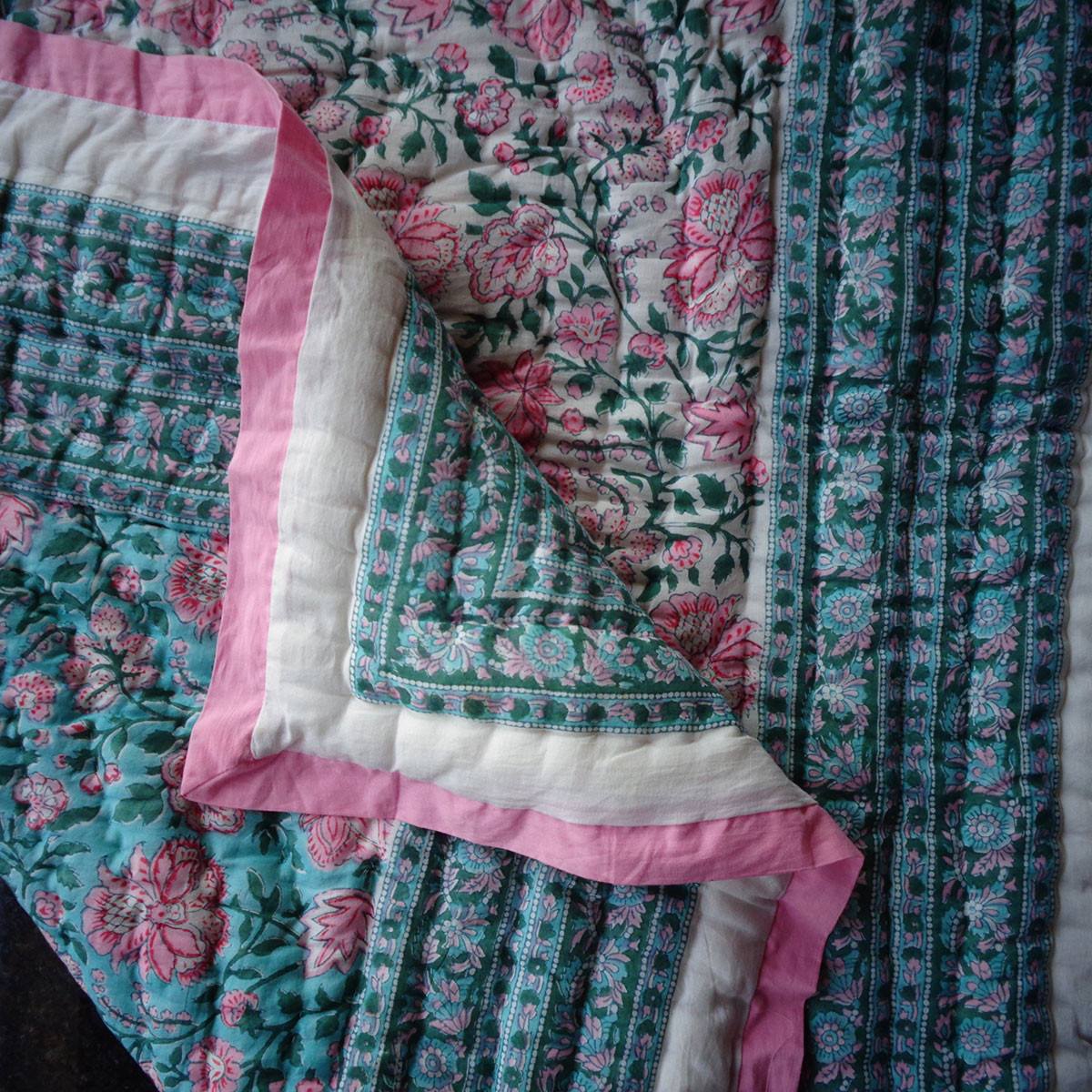 Hand Block Printed Baby Quilt Jaipur Razai Mohini Green Gud 620605