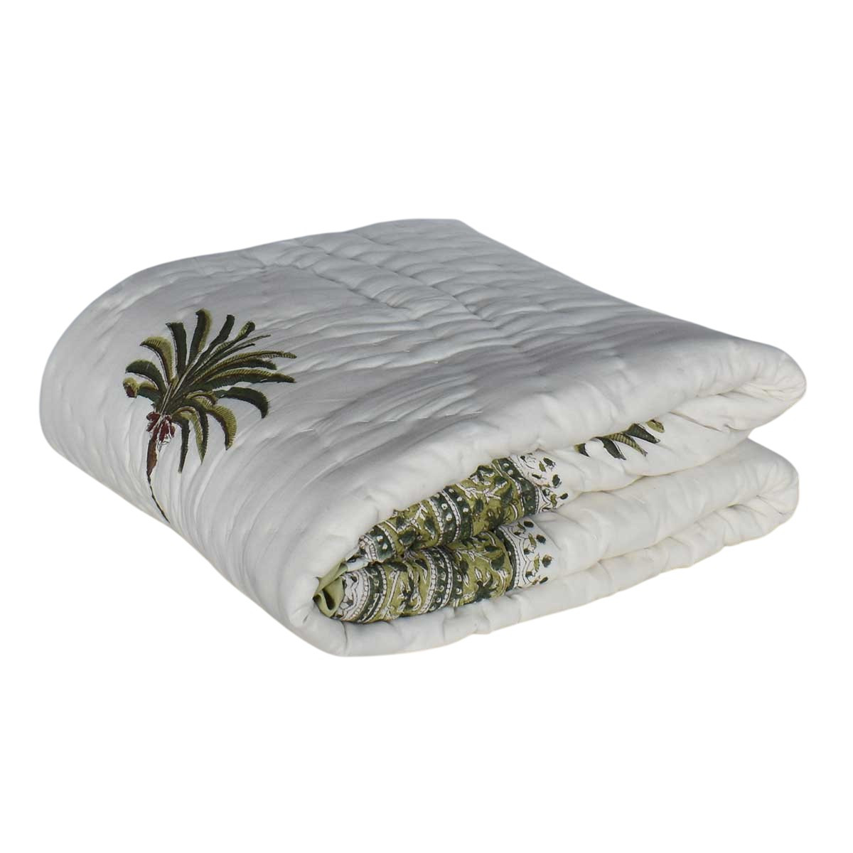 Hand Block Printed Baby Quilt Jaipur Razai Palm Tree Green Open 109025