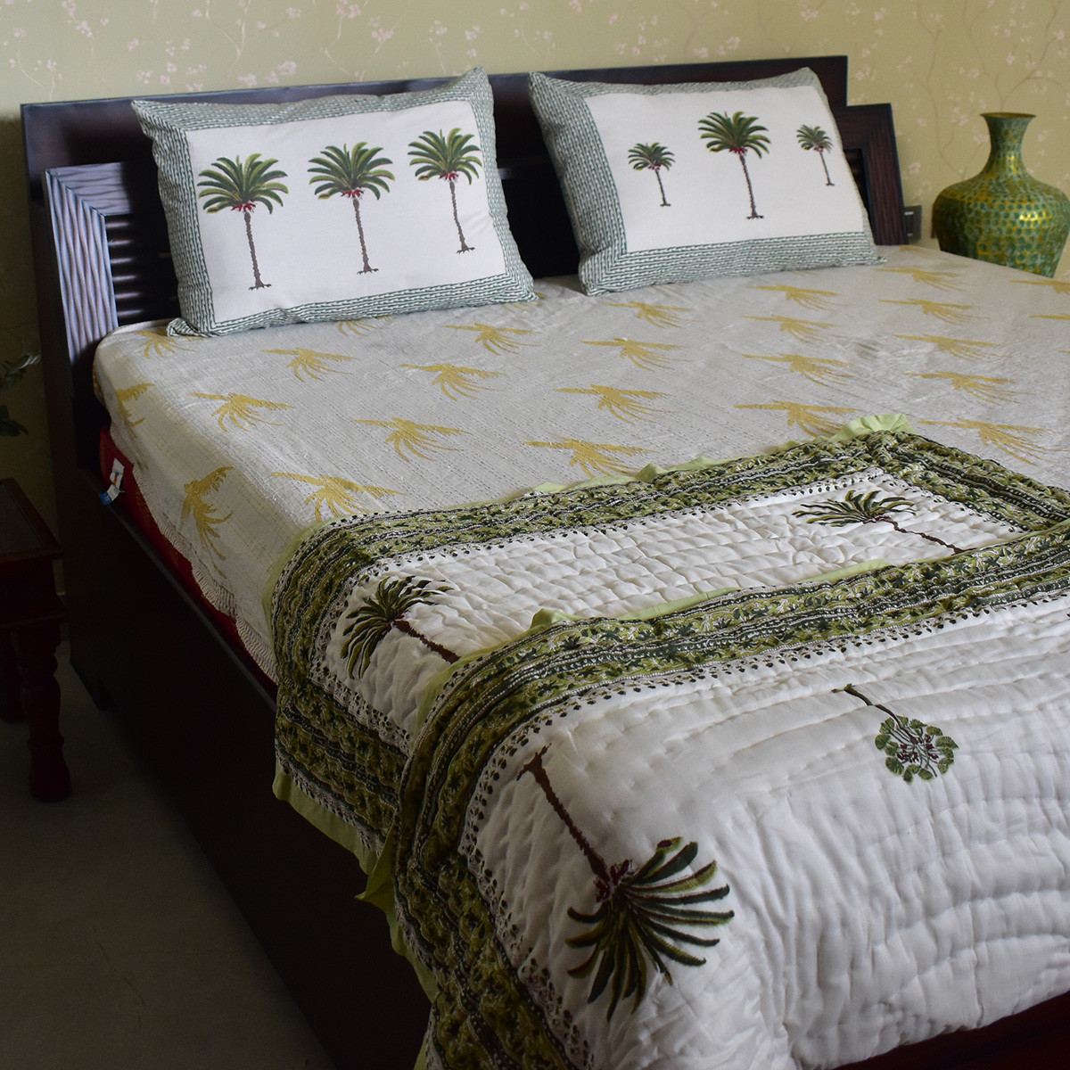 Hand Block Printed Baby Quilt Jaipur Razai Palm Tree Green Open 109025