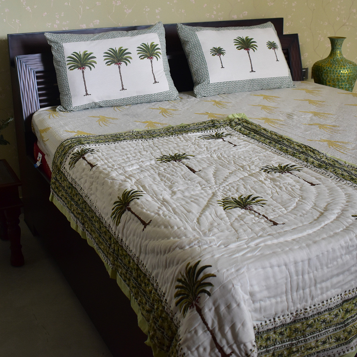 Hand Block Printed Baby Quilt Jaipur Razai Palm Tree Green Open 109025
