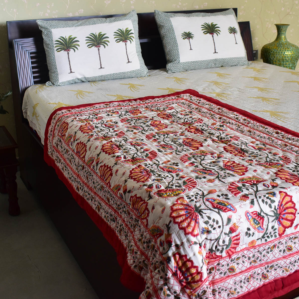 Hand Block Printed Baby Quilt Jaipur Razai  Waterlily Red 100407