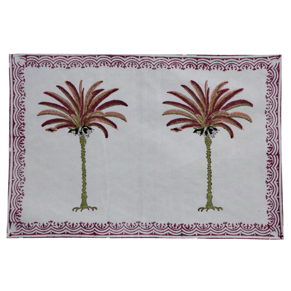 Image of Hand Block Printed Canvas Table Mat 32x48 cms (Set of 2 Table mats) | Palm Tree Pink 202080