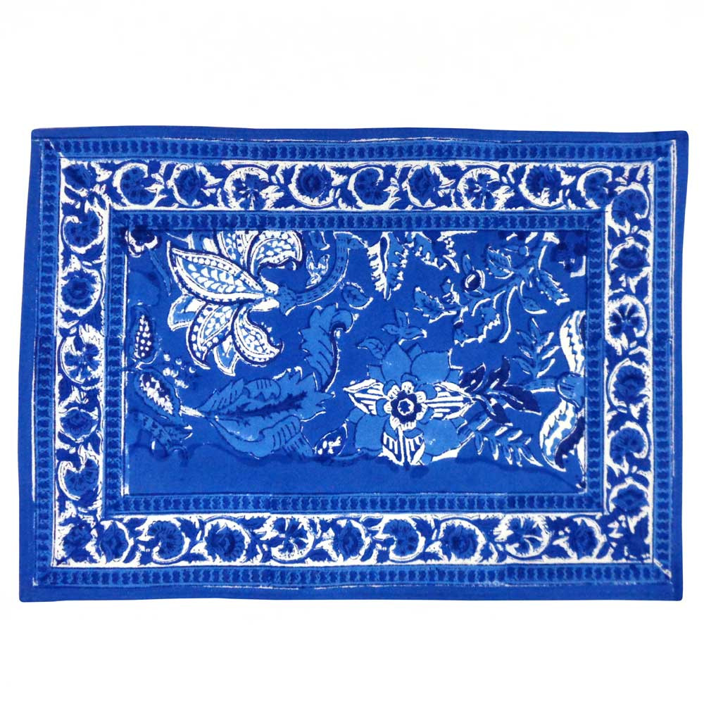 Image of Hand Block Printed Cotton Canvas Table Mat 32x48 cms (Set of 2 Table mats) | Anarkali Blue Gud 106797