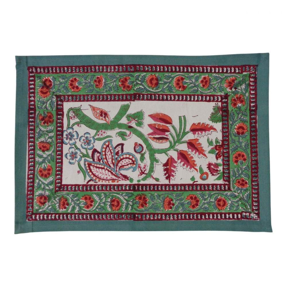 Image of Hand Block Printed Cotton Canvas Table Mat 32x48 cms (Set of 2 Table mats) | Anarkali Green Open 106822