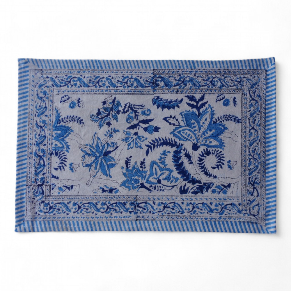 Image of Hand Block Printed Cotton Canvas Table Mat 32x48 cms (Set of 2 Table mats) | Bela Palace Blue 601088