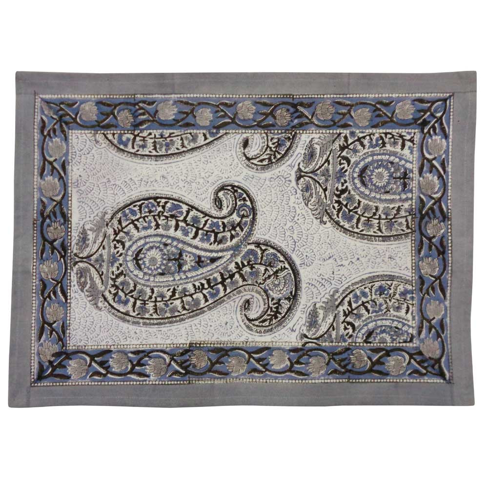 Image of Hand Block Printed Cotton Canvas Table Mat 32x48 cms (Set of 2 Table mats) | Big Paisley Brown 200021