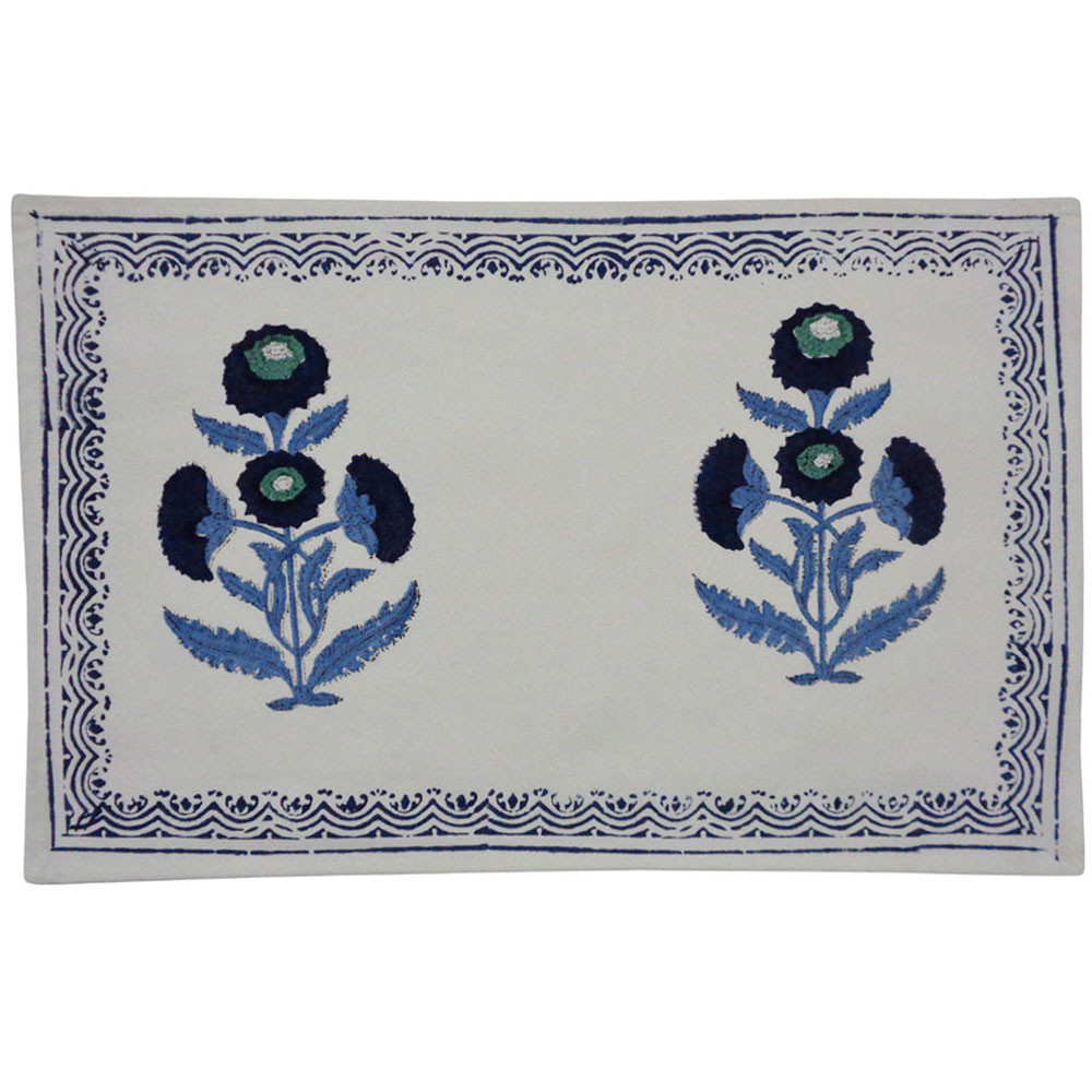 Hand Block Printed Cotton Canvas Table Mat 32x48 cms Set of 2 Table mats Boota Blue 204108