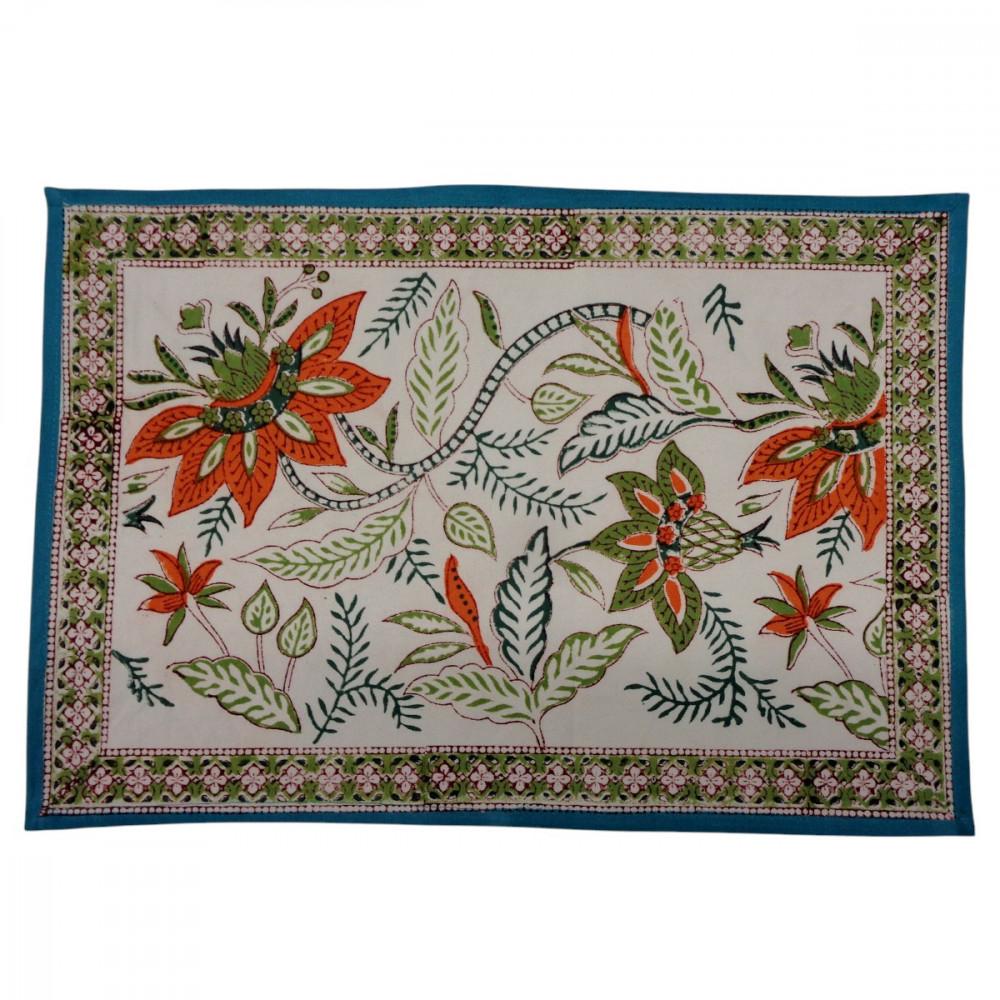 Image of Hand Block Printed Cotton Canvas Table Mat 32x48 cms (Set of 2 Table mats) | Bossanova Green Open 393938