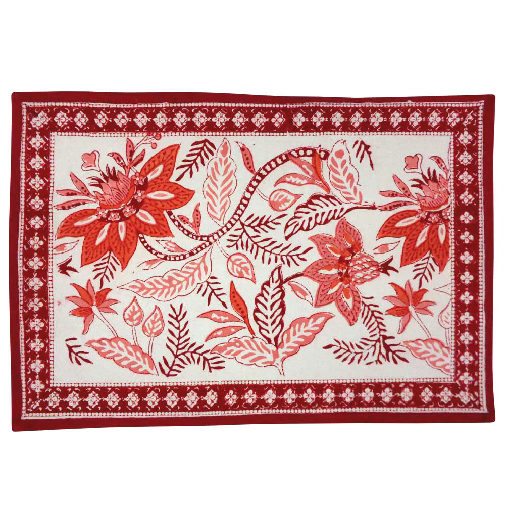Image of Hand Block Printed Cotton Canvas Table Mat 32x48 cms (Set of 2 Table mats) | Bossanova Red Open 103700