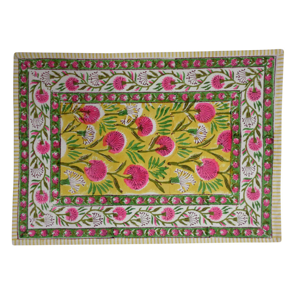 Hand Block Printed Cotton Canvas Table Mat 32x48 cms Set of 2 Table mats Desert Blossom Pink Gud 205220