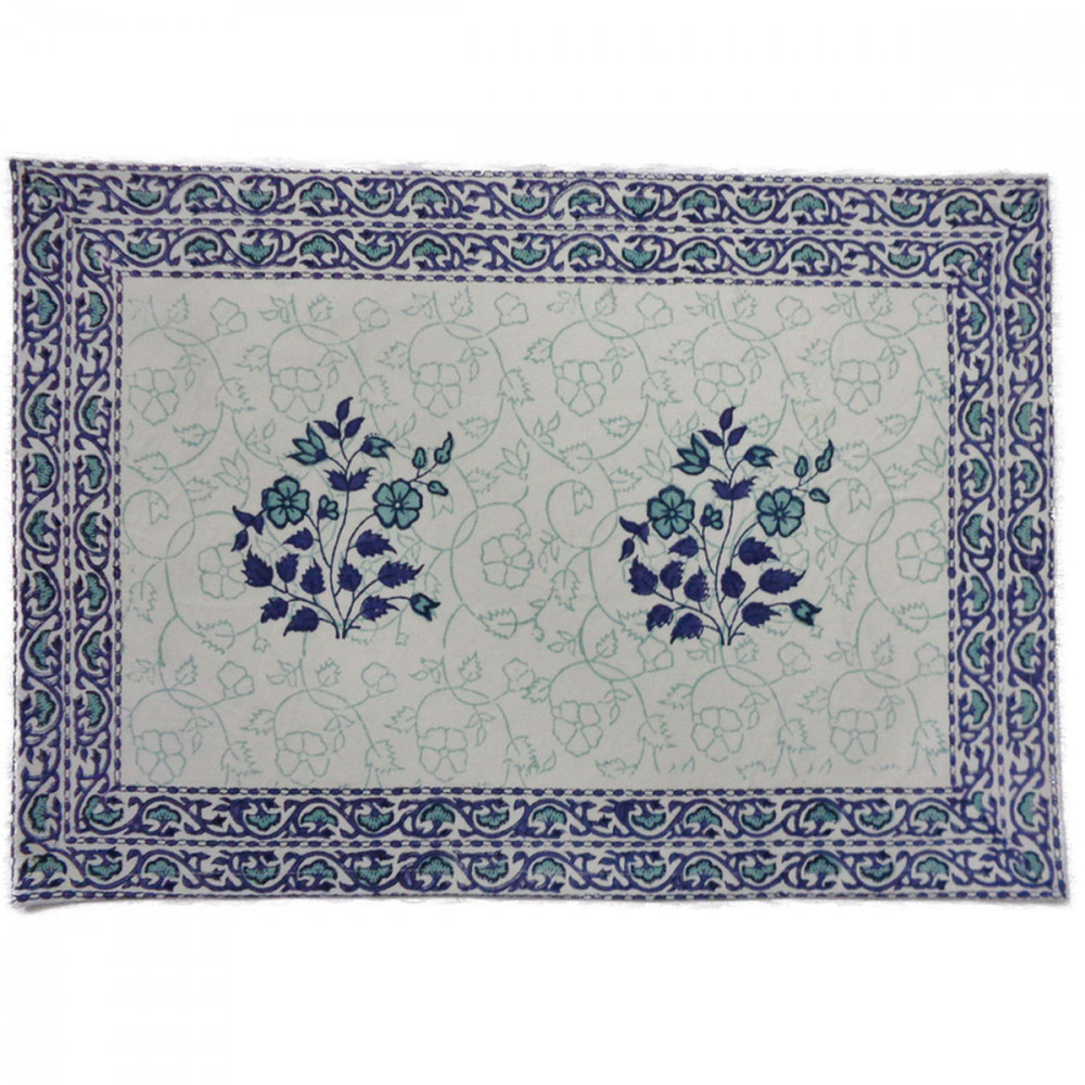 Image of Hand Block Printed Cotton Canvas Table Mat 32x48 cms (Set of 2 Table mats) | Floral Kali Blue Boota 309470
