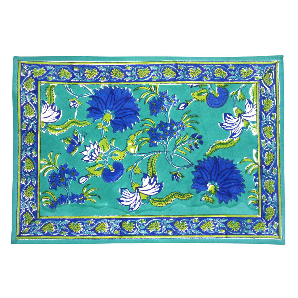 Hand Block Printed Cotton Canvas Table Mat 32x48 cms Set of 2 Table mats  Flower Blossom Sea Green Gud 106040