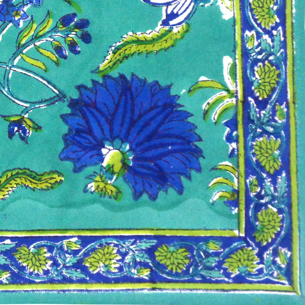 Hand Block Printed Cotton Canvas Table Mat 32x48 cms Set of 2 Table mats  Flower Blossom Sea Green Gud 106040