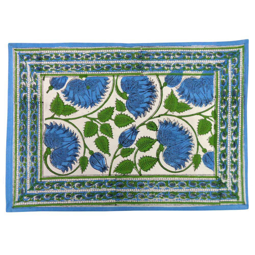 Hand Block Printed Cotton Canvas Table Mat 32x48 cms Set of 2 Table mats  Kamal Aqua Open 106099