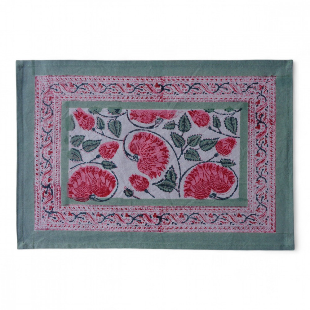 Image of Hand Block Printed Cotton Canvas Table Mat 32x48 cms (Set of 2 Table mats) | Kamal Gulabi Open 103739