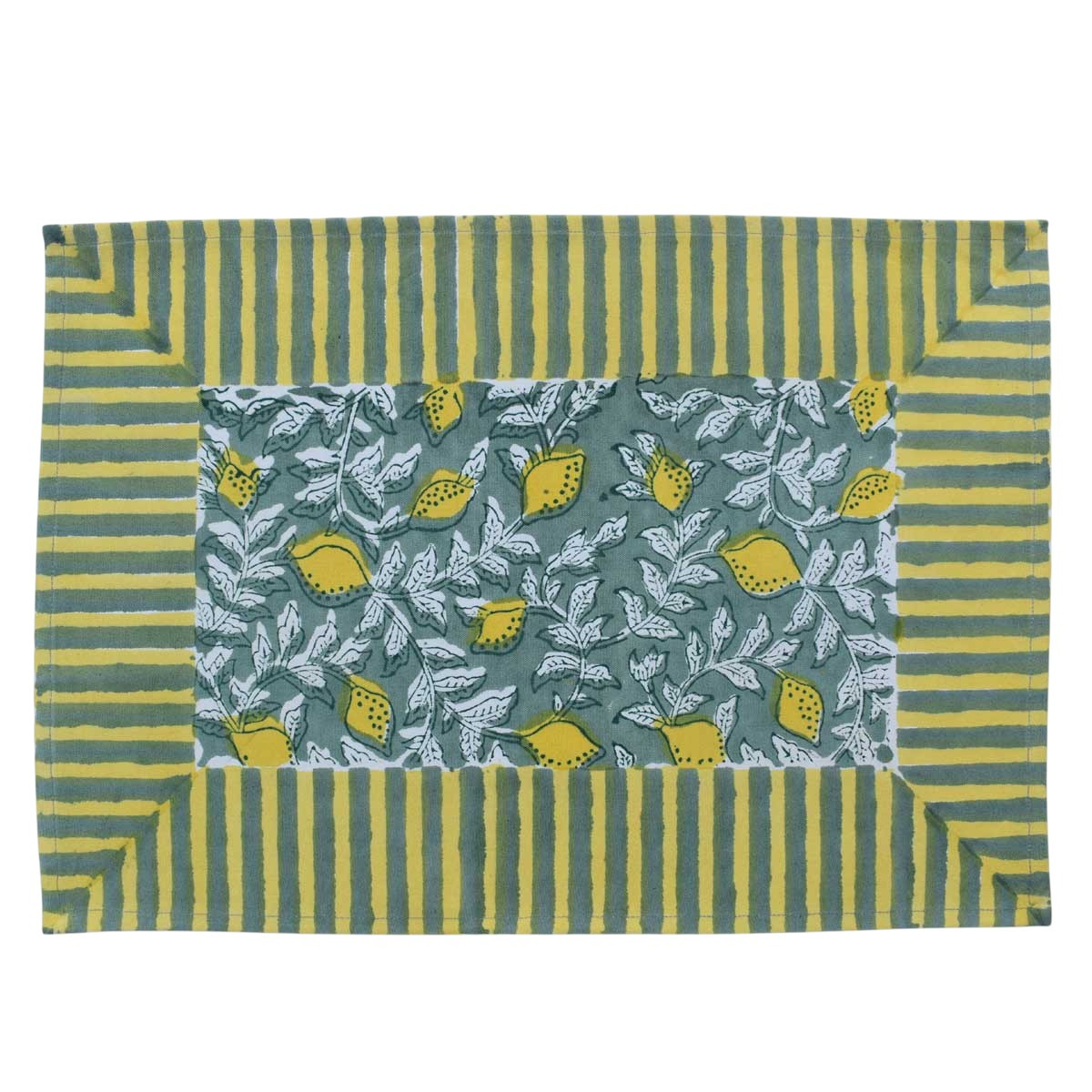 Hand Block Printed Cotton Canvas Table Mat 32x48 cms Set of 2 Table mats  Lemon Green 202405