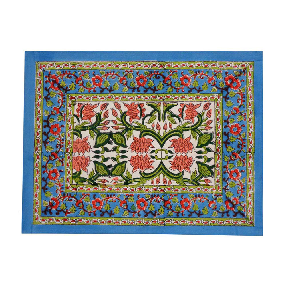 Hand Block Printed Cotton Canvas Table Mat 32x48 cms Set of 2 Table mats  Lotus Green Open 106868
