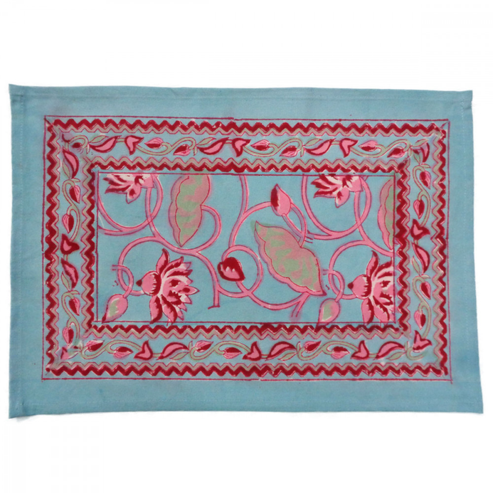 Image of Hand Block Printed Cotton Canvas Table Mat 32x48 cms (Set of 2 Table mats) | Lotus Lake Jade 202202