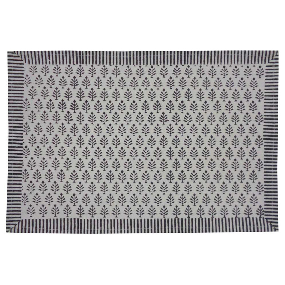 Hand Block Printed Cotton Canvas Table Mat 32x48 cms Set of 2 Table mats Neem Booti Grey 207899