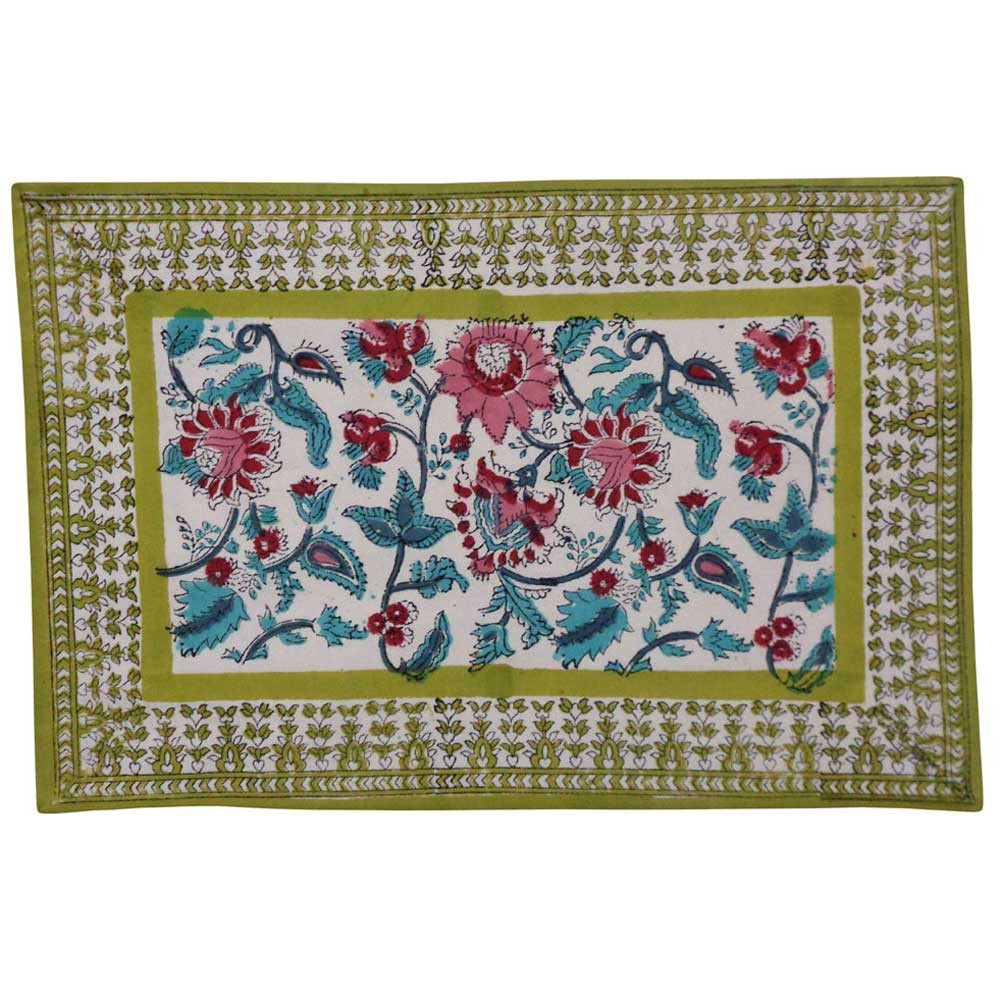 Hand Block Printed Cotton Canvas Table Mat 32x48 cms Set of 2 Table mats  Phuljhari Olive Open 207953