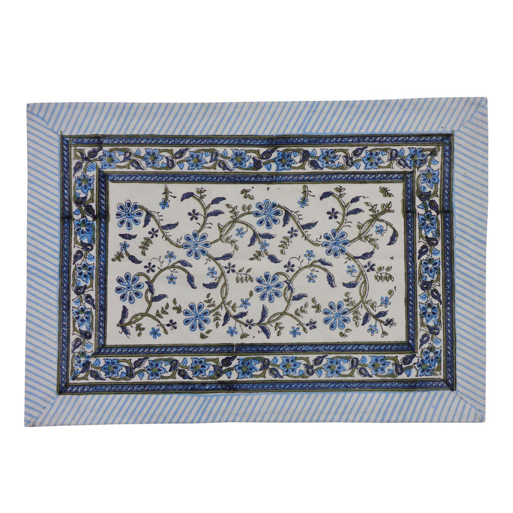 Hand Block Printed Cotton Canvas Table Mat 32x48 cms Set of 2 Table mats Ragini Blue 106149