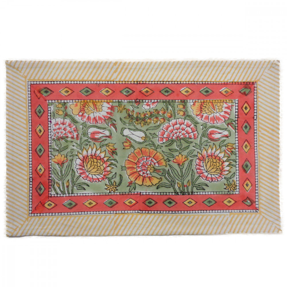 Image of Hand Block Printed Cotton Canvas Table Mat 32x48 cms (Set of 2 Table mats) | Reshma Sea Green Gud 203224