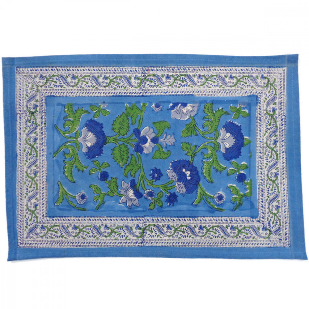 Image of Hand Block Printed Cotton Canvas Table Mat 32x48 cms (Set of 2 Table mats) | Rukhsana Blue Gud 103736