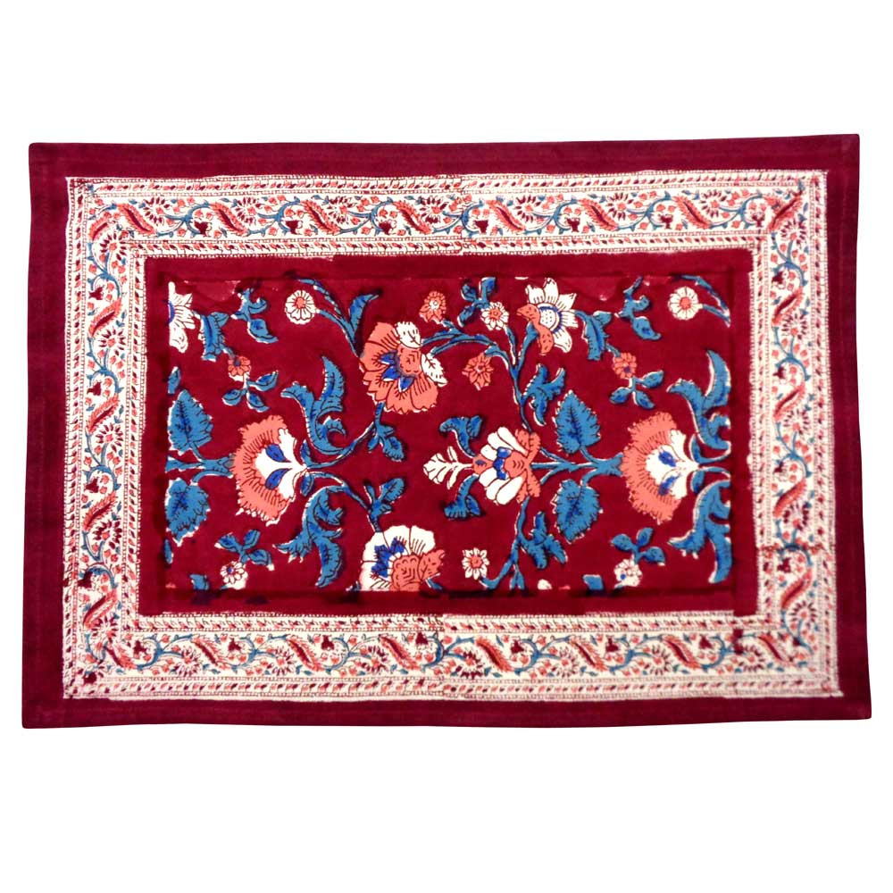 Hand Block Printed Cotton Canvas Table Mat 32x48 cms Set of 2 Table mats  Rukhsana Maroon Gud 105823