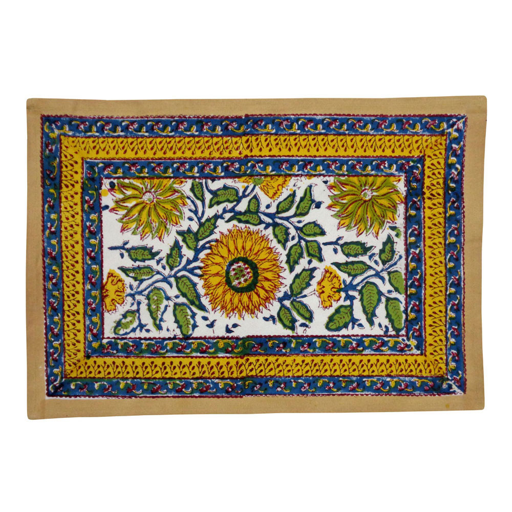 Image of Hand Block Printed Cotton Canvas Table Mat 32x48 cms (Set of 2 Table mats) | Surajmukhi Canary Open 206589