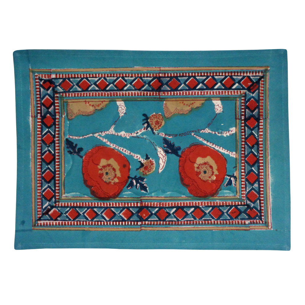 Image of Hand Block Printed Cotton Canvas Table Mat 32x48 cms (Set of 2 Table mats) | Teal Flower Gud 205130