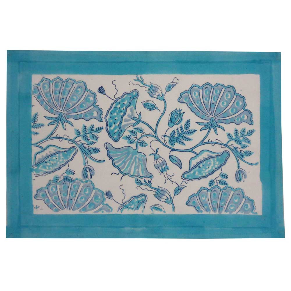 Hand Block Printed Cotton Canvas Table Mat 32x48 cms Set of 2 Table mats  Waterlily Aqua 205001
