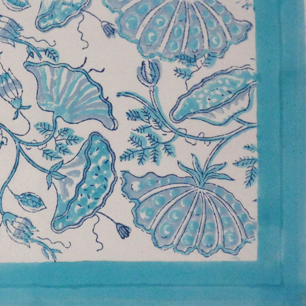 Hand Block Printed Cotton Canvas Table Mat 32x48 cms Set of 2 Table mats Waterlily Aqua 205001