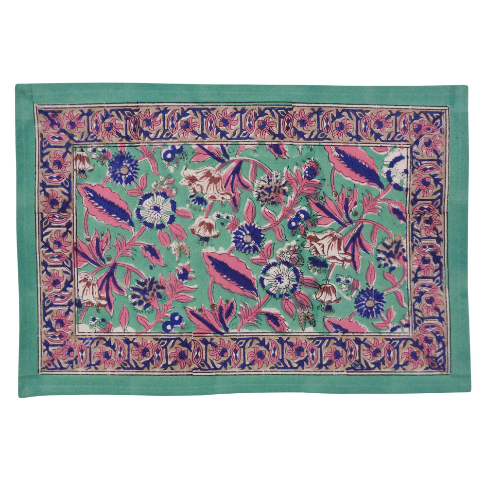 Image of Hand Block Printed Cotton Canvas Table Mat 32x48 cms (Set of 2 Table mats) | Wild Flower Ocean Gud 207948