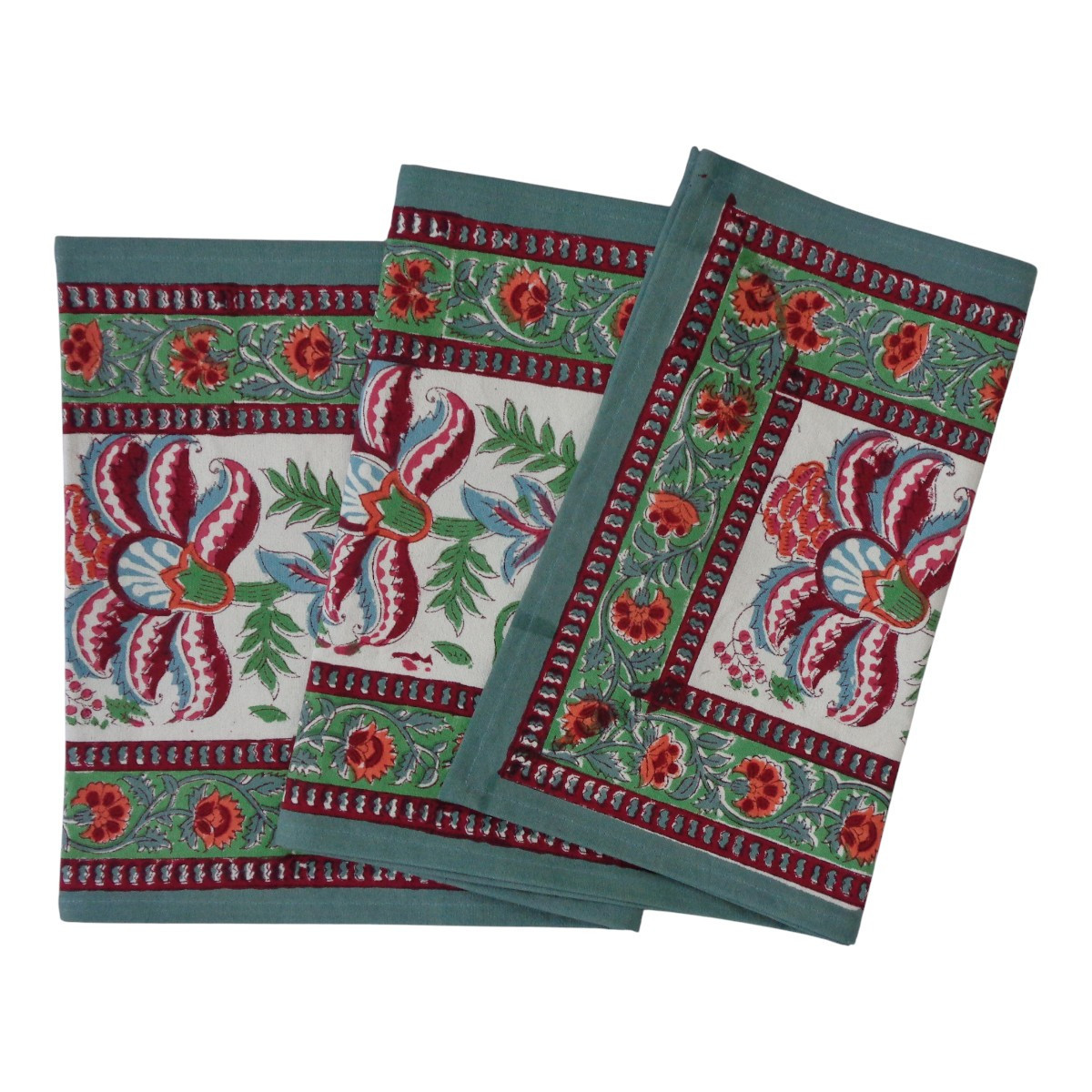 Hand Block Printed Cotton Canvas Table Runner 33x170 cms  Anarkali Green Open 106822