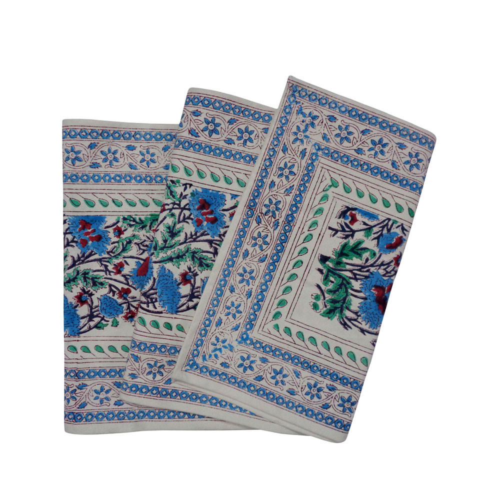 Image of Hand Block Printed Cotton Canvas Table Runner 33x170 cms | Bush Flower Blue Open 207926