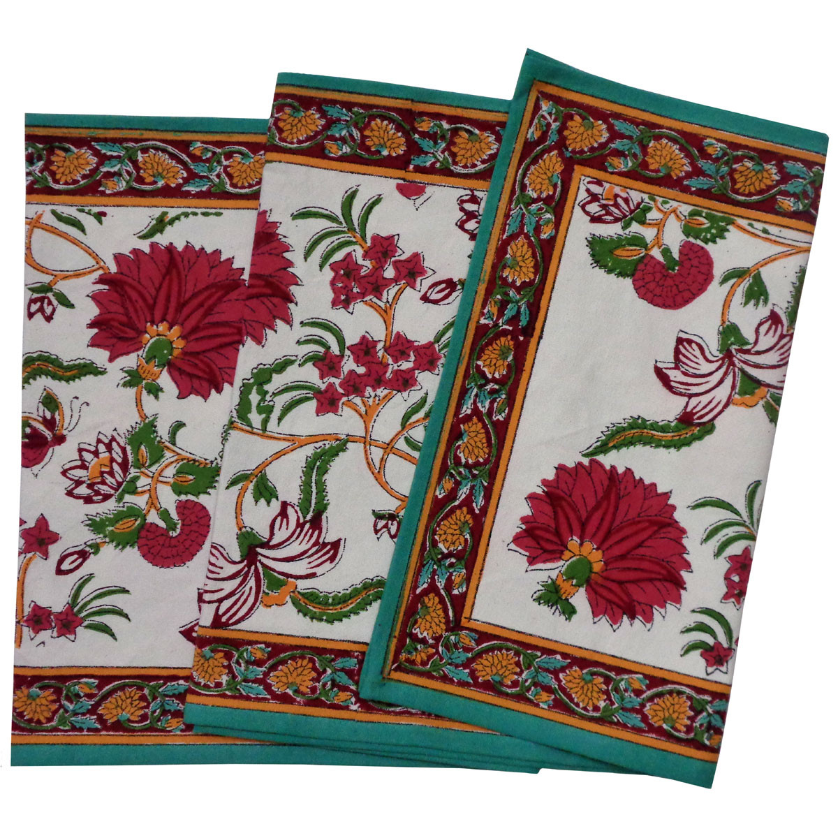 Hand Block Printed Cotton Canvas Table Runner 33x170 cms  Flower Blossom Jade Open 109122