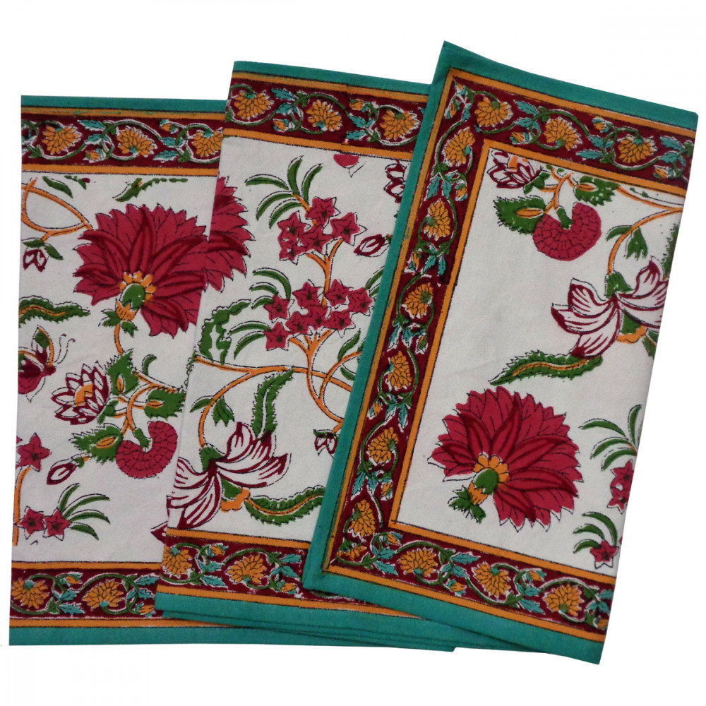 Image of Hand Block Printed Cotton Canvas Table Runner 33x170 cms | Flower Blossom Jade Open 109122