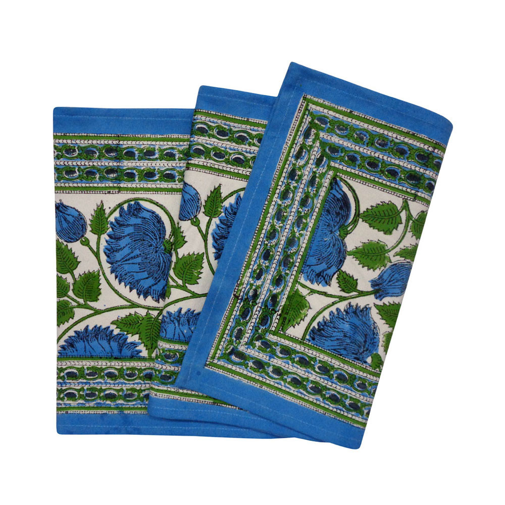 Hand Block Printed Cotton Canvas Table Runner 33x170 cms  Kamal Aqua Open 106099