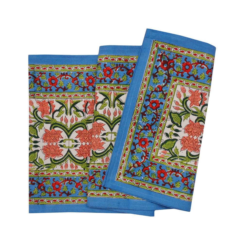 Image of Hand Block Printed Cotton Canvas Table Runner 33x170 cms | Lotus Green Open 106868