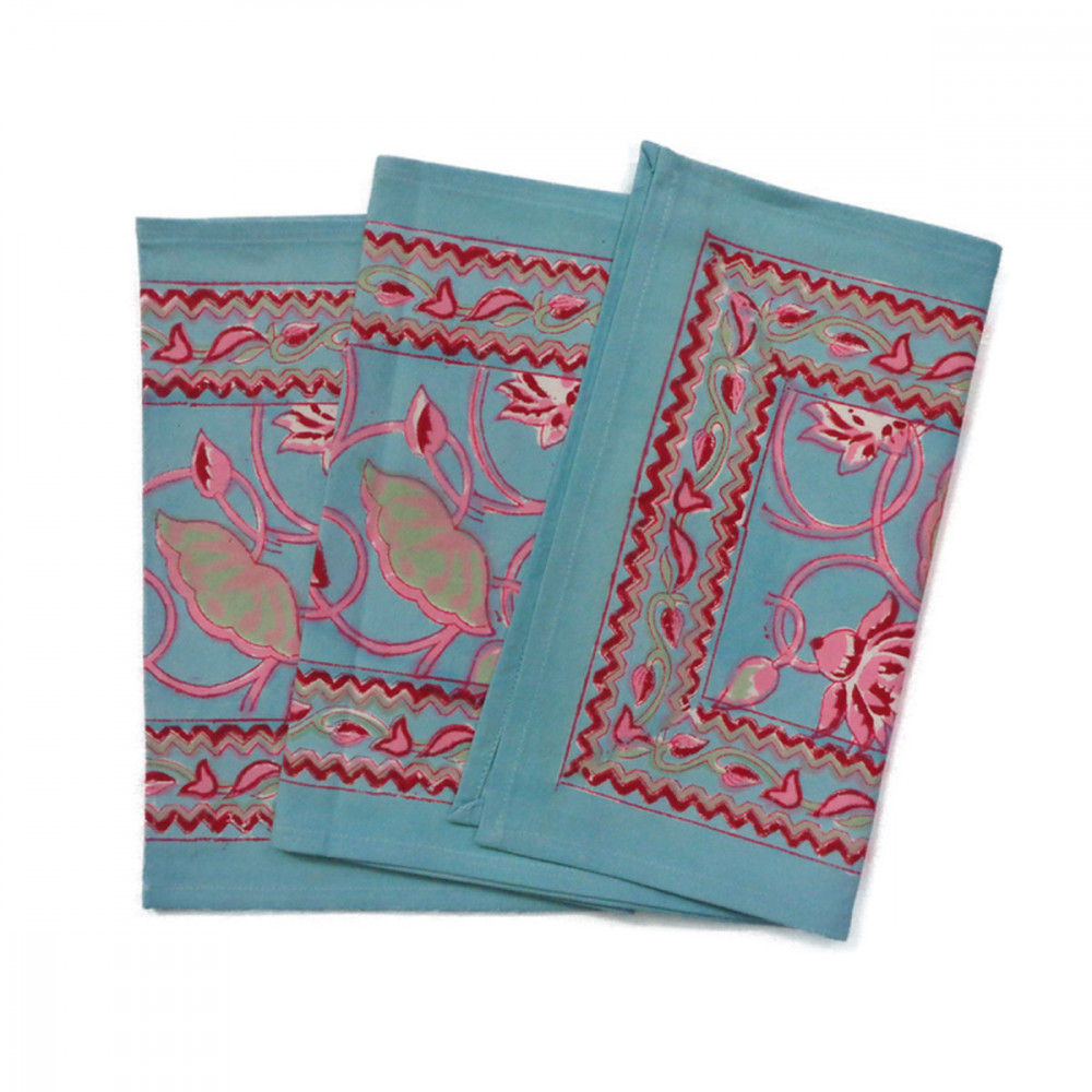 Image of Hand Block Printed Cotton Canvas Table Runner 33x170 cms | Lotus Lake Jade 202202