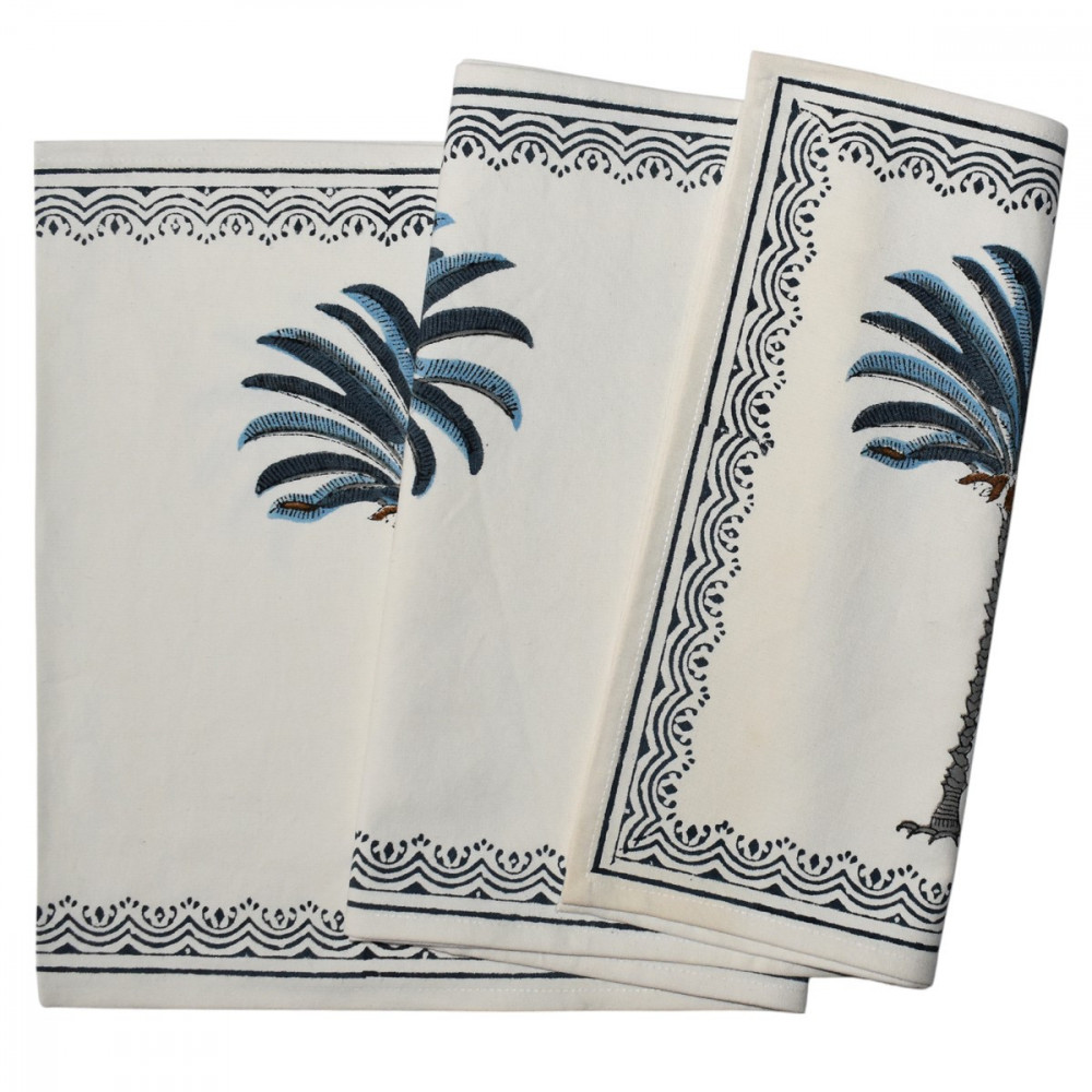 Image of Hand Block Printed Cotton Canvas Table Runner 33x170 cms | Palm Tree Blue 202032