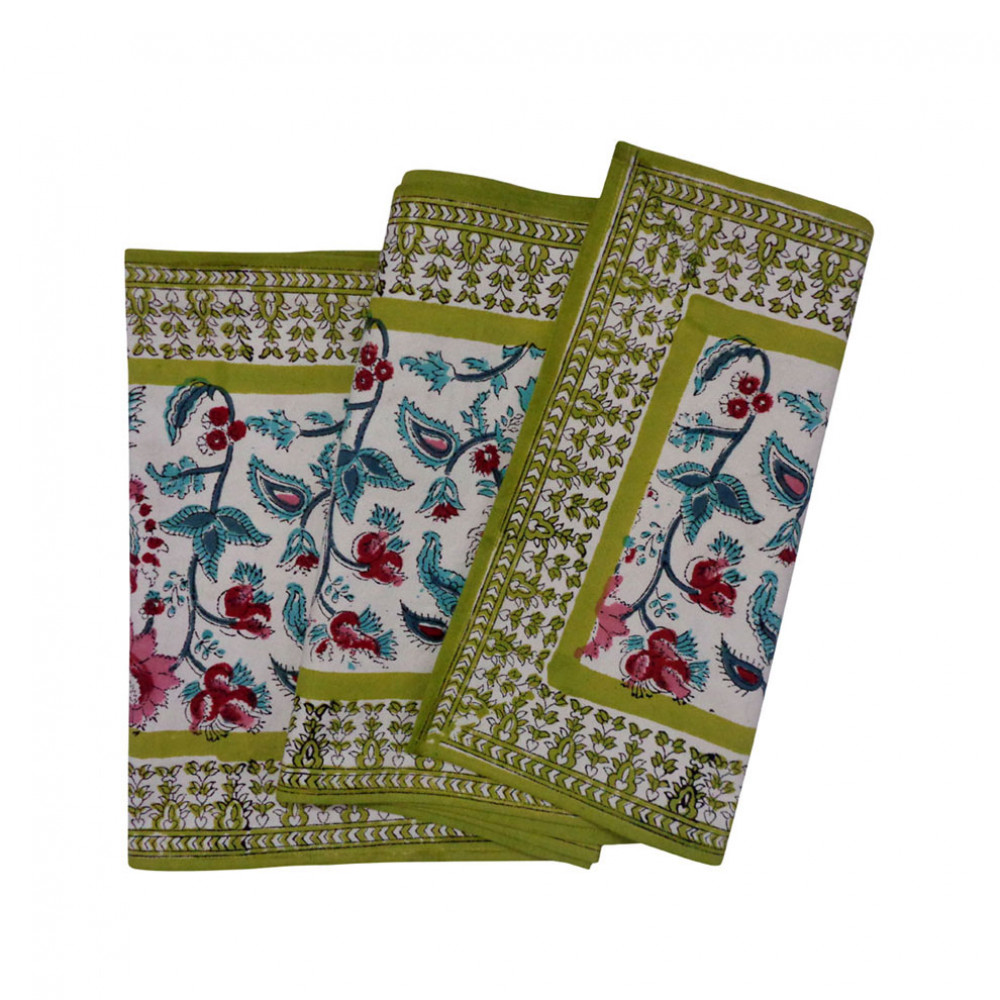 Image of Hand Block Printed Cotton Canvas Table Runner 33x170 cms | Phuljhari Olive Open 207929