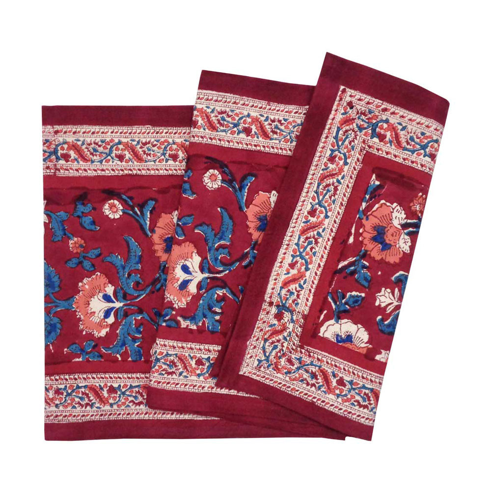 Image of Hand Block Printed Cotton Canvas Table Runner 33x170 cms | Rukhsana Maroon Gud 105823